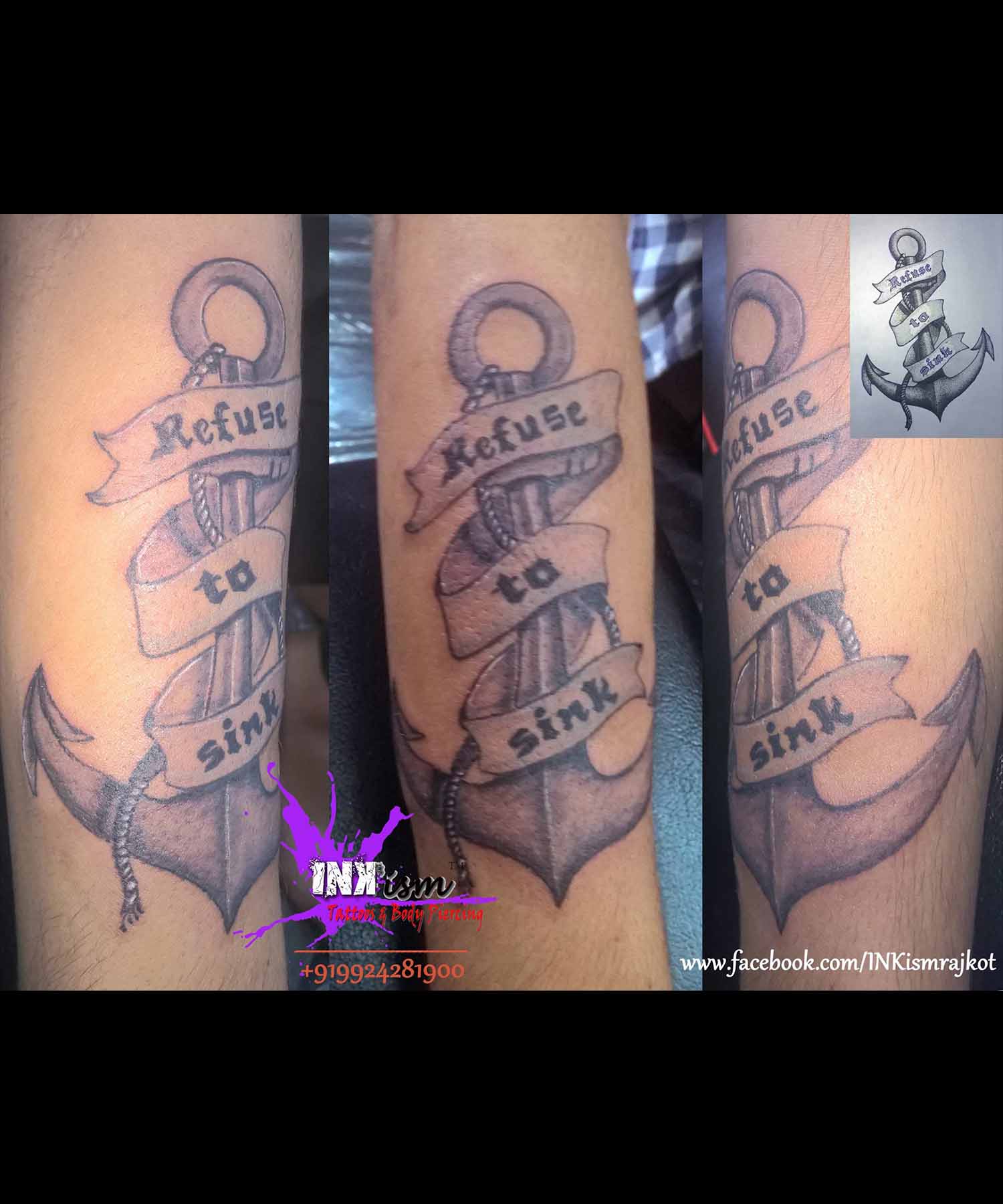 Anchor tattoo, Grey wash tattoo, Refuse to sink tattoo, Inkism tattoo and body piercing rajkot gujarat