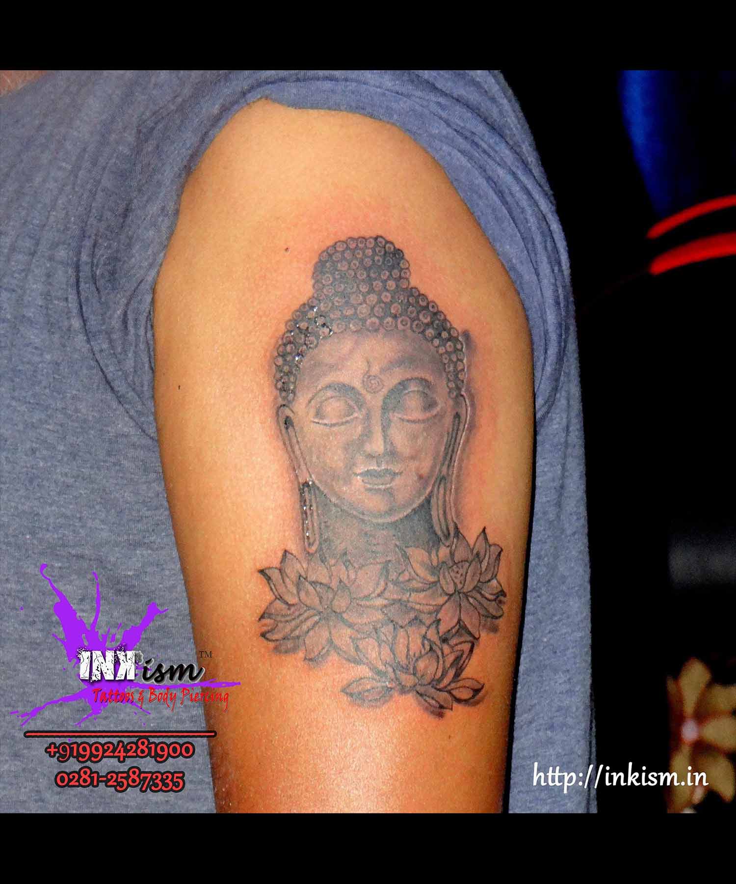 Grey wash tattoo, Budhha tattoo, Budhha Portrait, lotus tattoo, Inkism tattoo and body piercing rajkot gujarat