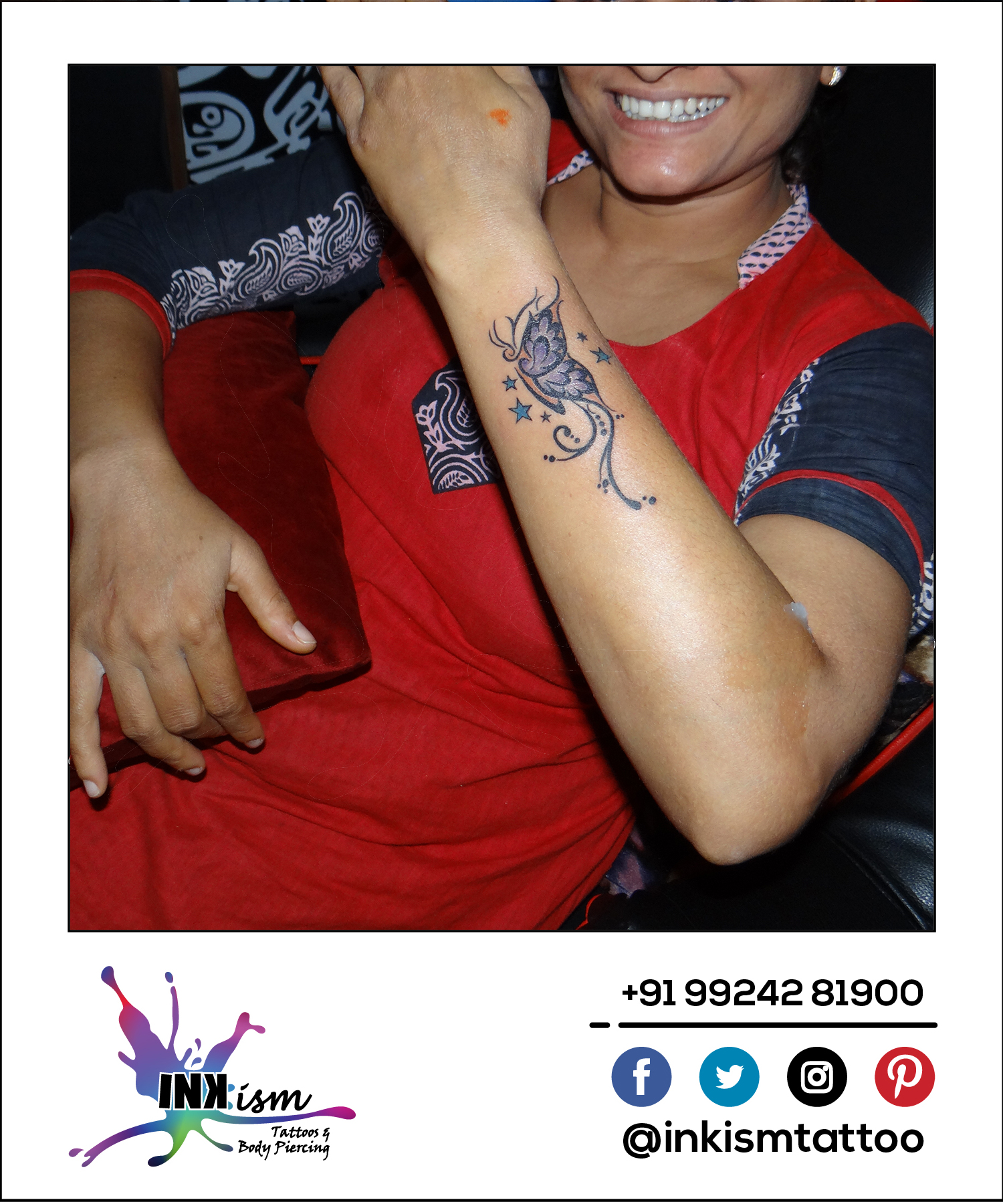 Butterfly with swirls tattoo, butterfly tattoo,swirls tattoo, stars tattoo, inkism tattoo and body piecing rajkot gujarat
