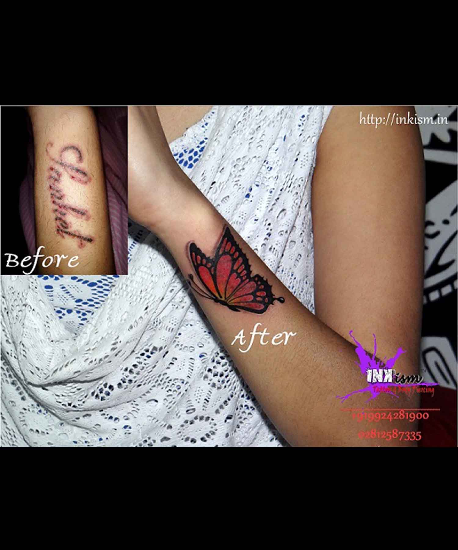 butterfly color tattoo, cover up tattoo, butterfly tattoo, inkism tattoo and piercing rajkot gujarat