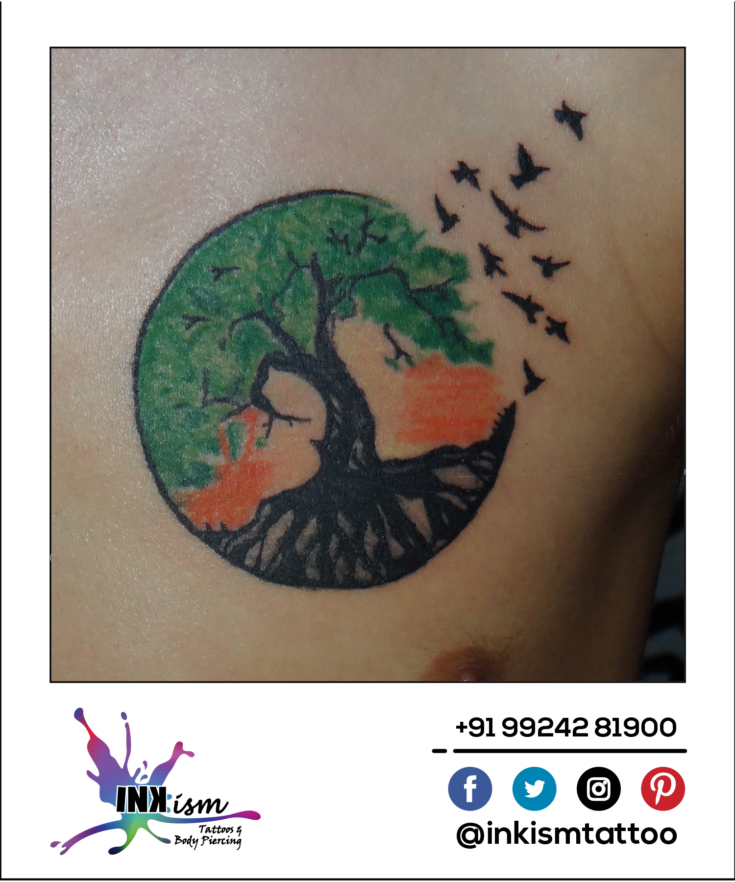 Circle of life Tattoo, Color tattoo, birds tattoo, tree tattoo, Inkism tattoo and body piercing rajkot gujarat