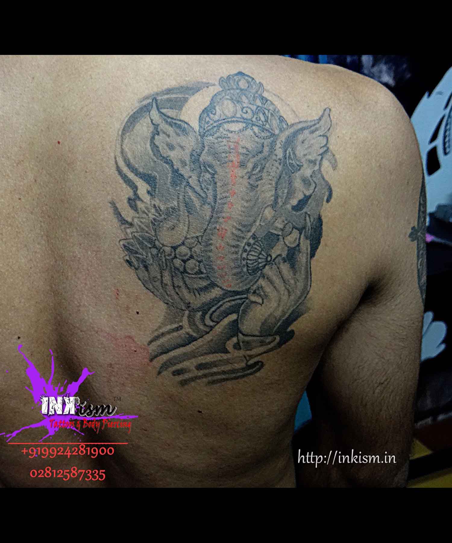 Ganesha Tattoo, Spiritual Tattoo, Grey wash Tattoo, Realistic Tattoo, Angry ganesha Tattoo, Inkism tattoo and body piercing rajkot gujarat