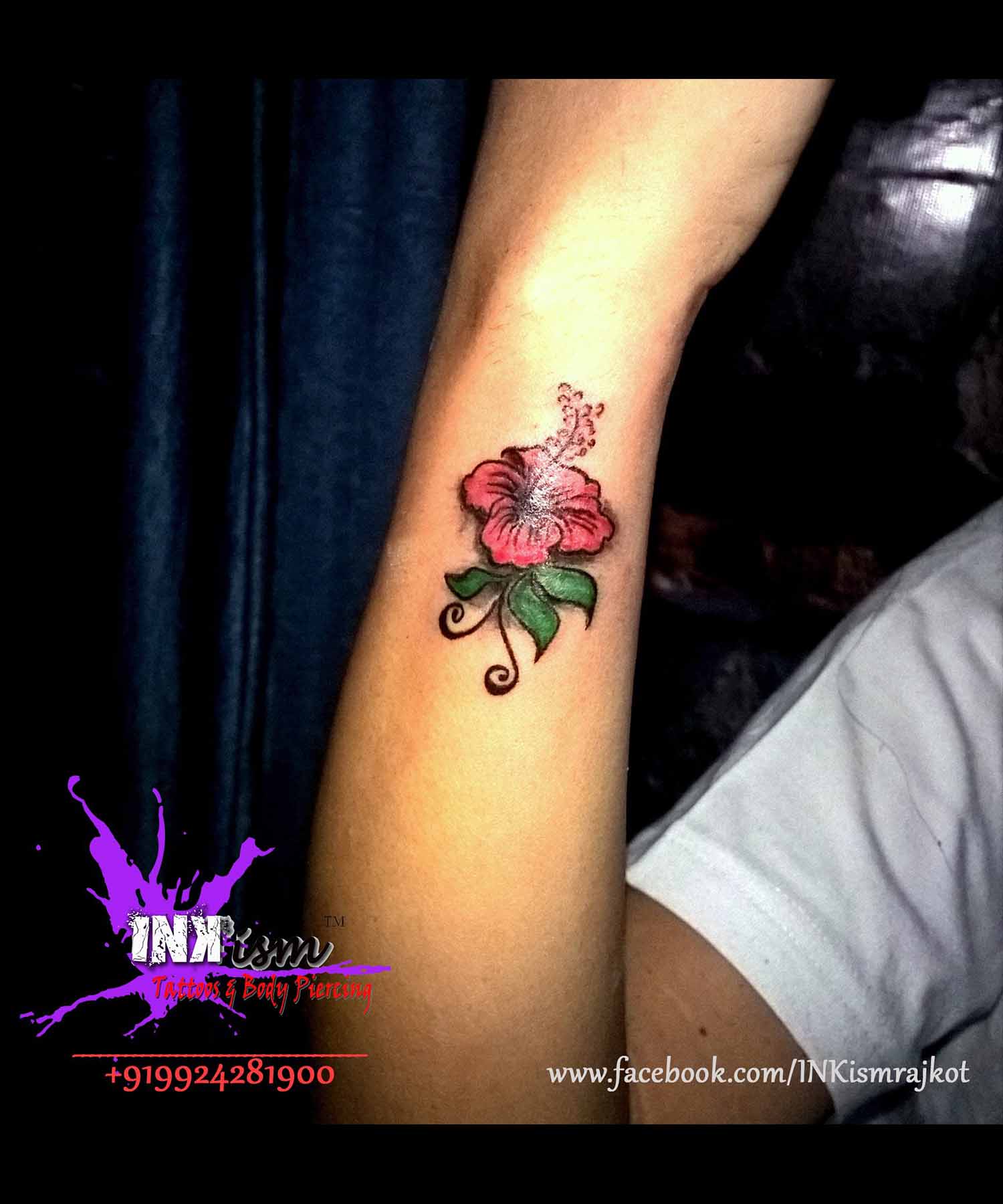 hibiscus flower tattoo, color tattoo, grey wash tattoo, Inkism tattoo and body piercing rajkot gujarat