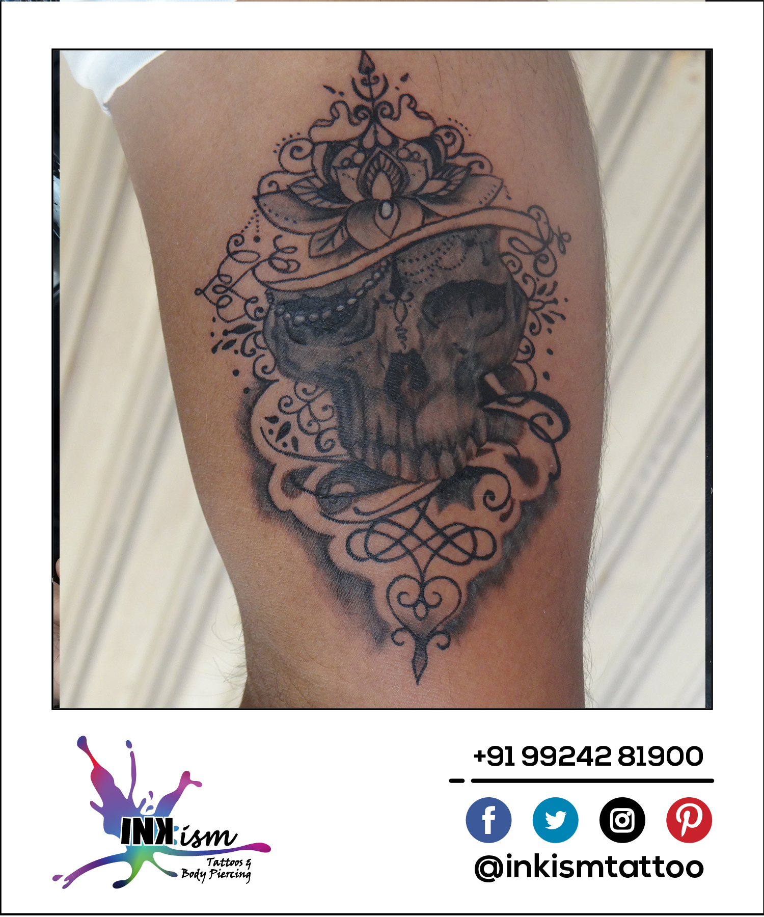 Grey wash tattoo, Skull tattoo, Lotus tattoo, Swirls Tattoo, Inkism tattoo and body piercing rajkot gujarat
