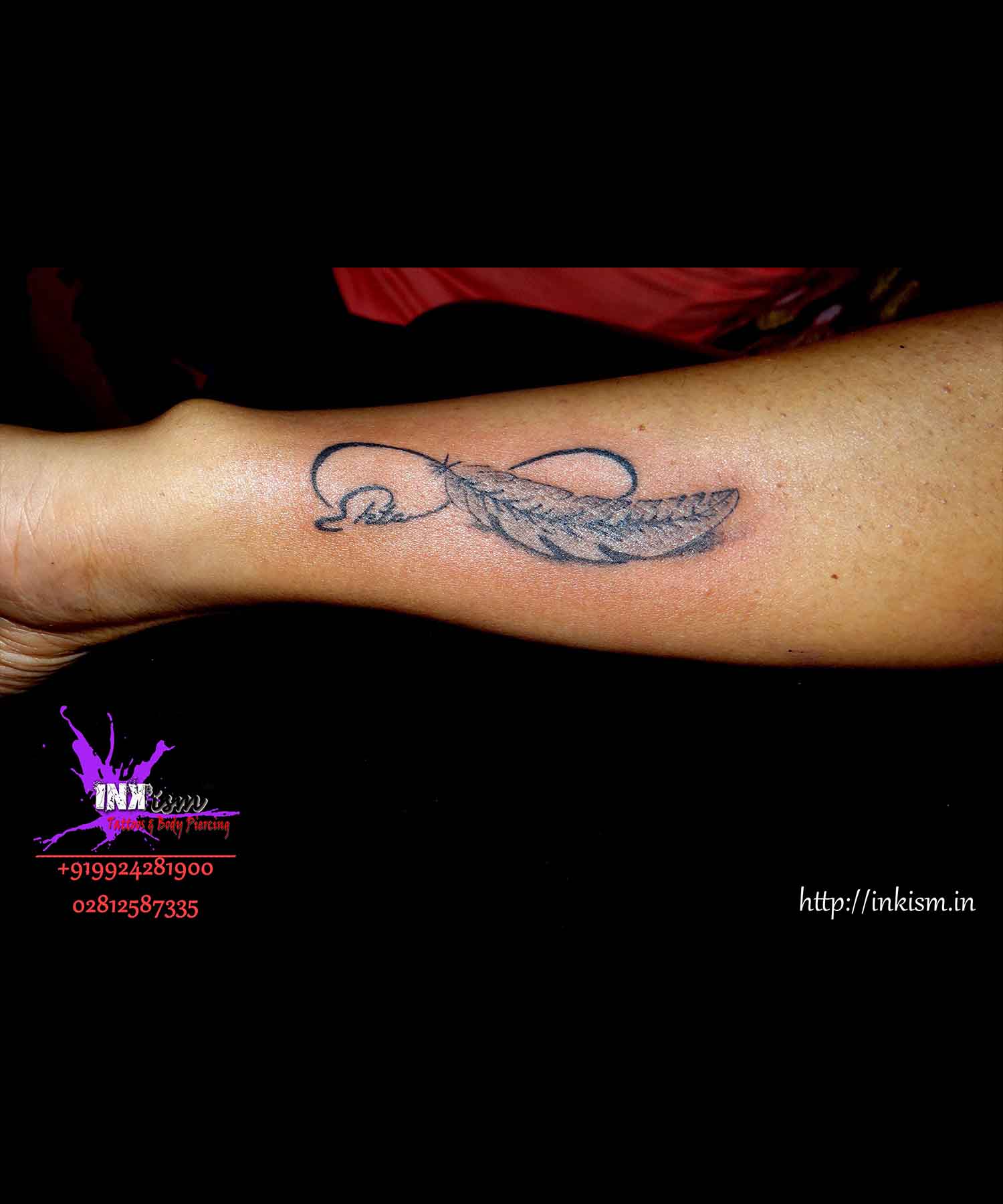 Infinity with feather tattoo, Infinity tattoo, Feather Tattoo, Calligraphy name Tattoo, Name Tattoo, Inkism tattoo and body piercing rajkot gujarat