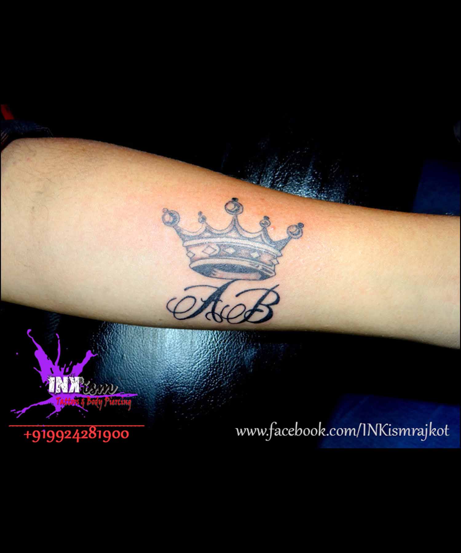 Crown with name tattoo, Grey Wash Tattoo, Calligraphy tattoo, Inkism tattoo and body piercing rajkot gujarat