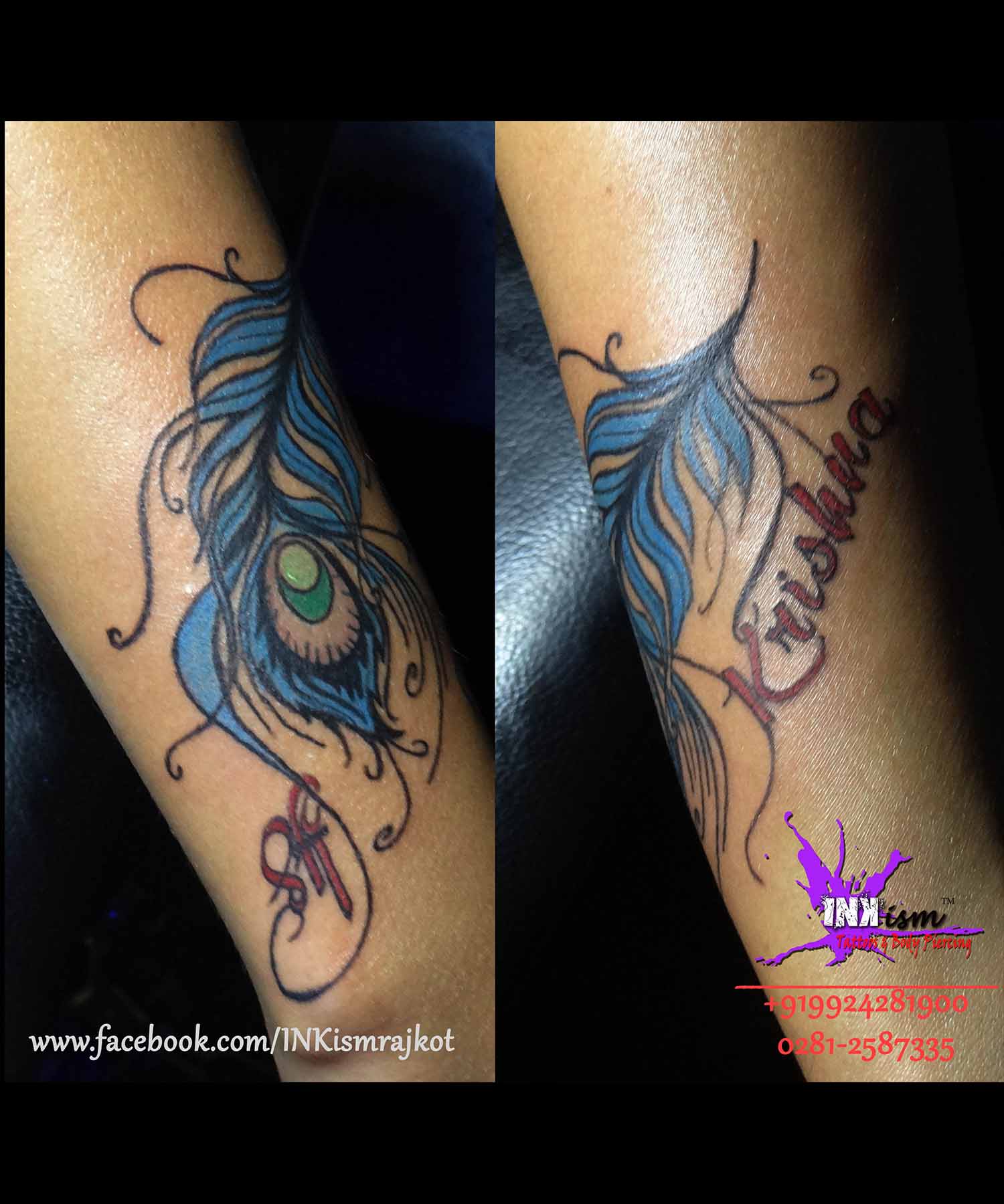 Color calligraphy peacock tattoo, Shree Krishna Tattoo, Calligraphy tattoo, Inkism tattoo and body piercing rajkot gujarat