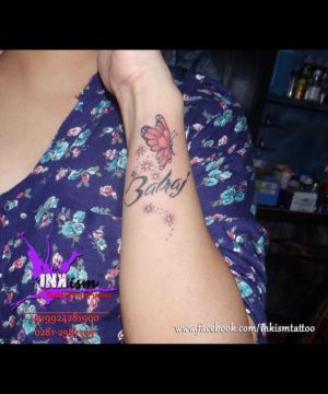 Color Butterfly with calligraphy name tattoo, butterfly tattoo, Calligraphy tattoo, Inkism tattoo and body piercing rajkot gujarat