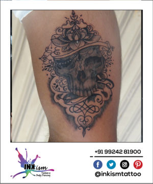 Grey wash tattoo, Skull tattoo, Lotus tattoo, Swirls Tattoo, Inkism tattoo and body piercing rajkot gujarat