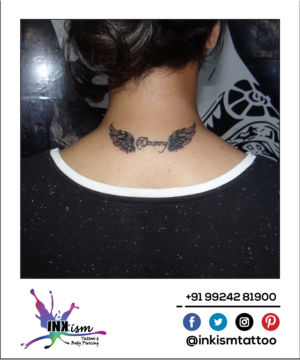Wings with calligraphy name tattoo, Angle wings tattoo, Calligraphy tattoo, Inkism tattoo and body piercing rajkot gujarat